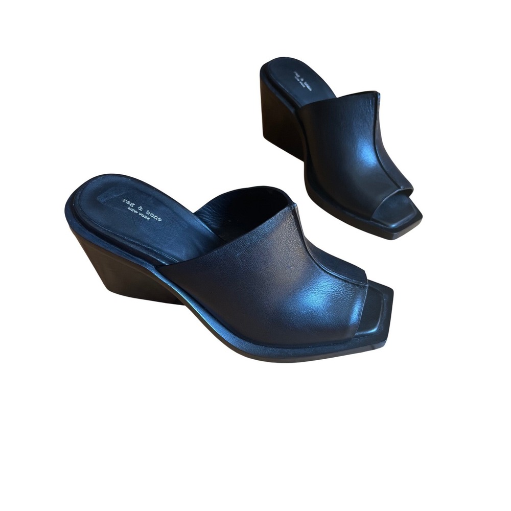Rag & Bone Black Leather Santiago Square Toe Wedge Mule Sandals Size 36.5 Italy